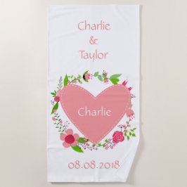 Name(n) & Datum mit Herz und Blume Strandtuch