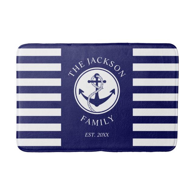 Name Nautic Anchor Blue Stripes Muster Badematte (Vorderseite)