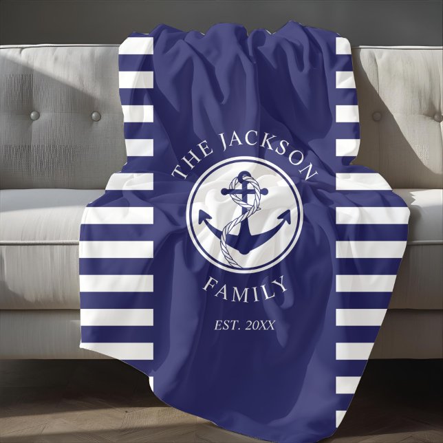 Name Nautic Anchor Blue Stripes Muster Fleecedecke (Family Name Nautical Anchor Blue Stripes Pattern Fleece Blanket)