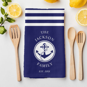Name Nautic Anchor Blue Stripes Muster Geschirrtuch