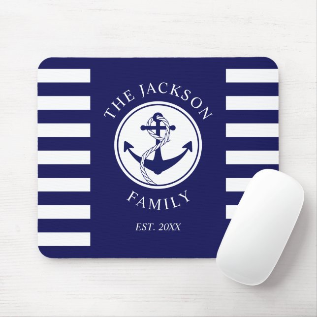 Name Nautic Anchor Blue Stripes Muster Mousepad (Mit Mouse)