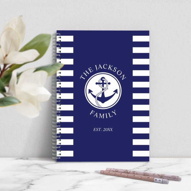 Name Nautic Anchor Blue Stripes Muster Notizblock (Family Name Nautical Anchor Blue Stripes Pattern Notebook)
