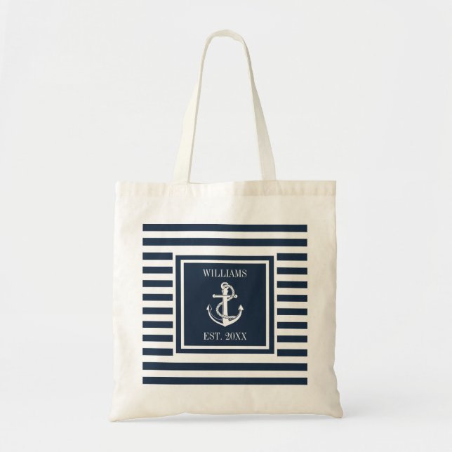 Name Nautical Boat Anchor Navy Blue Strip Tragetasche (Vorne)