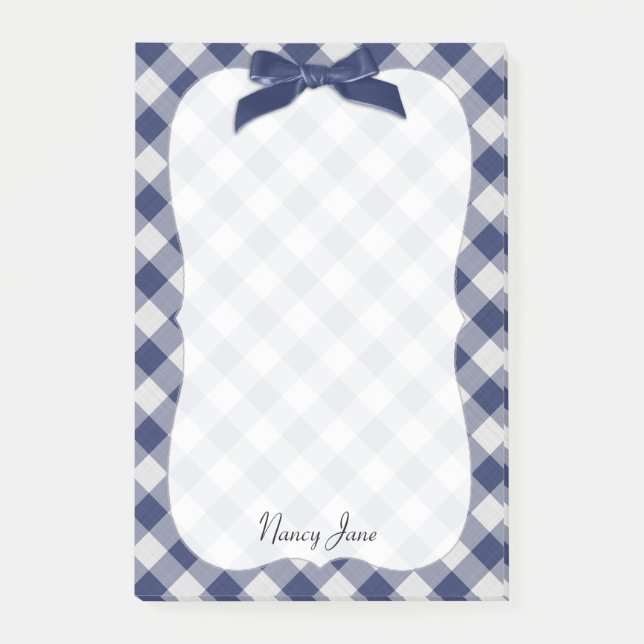 Name Navy Blue Gingham Karos Pattern Bracket Post-it Klebezettel (Vorderseite)