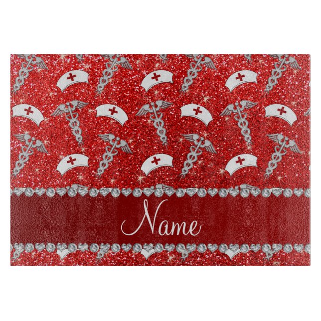 Name Neon Red Glitzer Krankenschwester hat silbern Schneidebrett (Vorderseite)