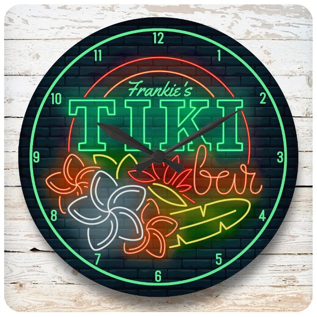 NAME Neon Style Tropical Tiki Beach Bar anpassen Große Wanduhr (Von Creator hochgeladen)