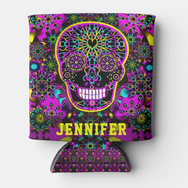Name Neon Sugar Skull Artwork hinzufügen Dosenkühler (Vorderseite)