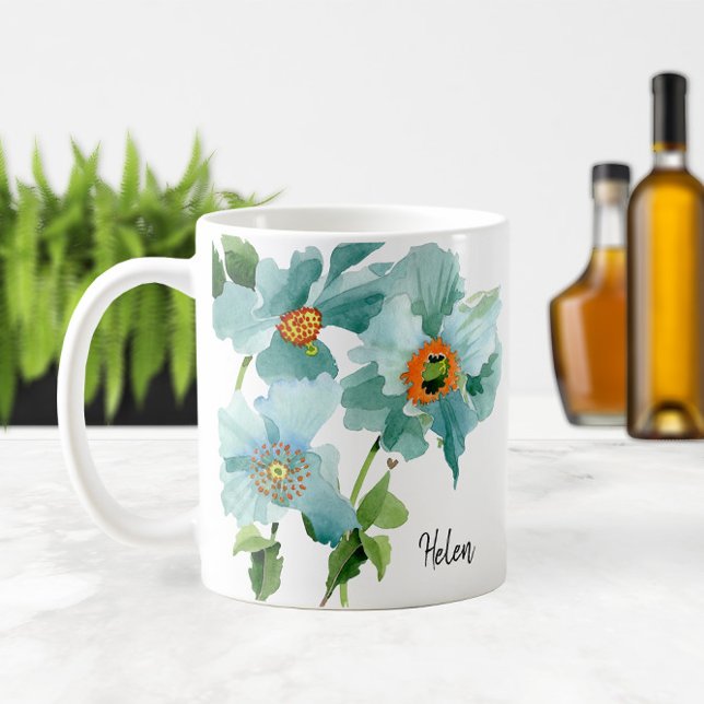 💦 Name oder Monogramm der Aquamarinen Wasserfarbe Kaffeetasse (💦 Watercolor Teal Poppies Name or Monogram Coffee Mug
)