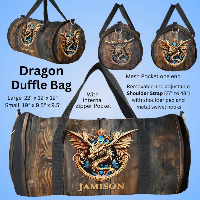 Name oder Text hinzufügen - Drache auf der Holztür Duffle Bag (Von Creator hochgeladen)