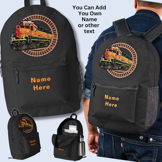 Name Orange Diesel Train auf BLACK ändern Bedruckter Rucksack (Von Creator hochgeladen)