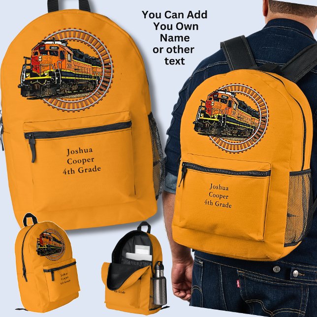 Name Orange Diesel Train auf Bright Orange ändern Bedruckter Rucksack (Von Creator hochgeladen)