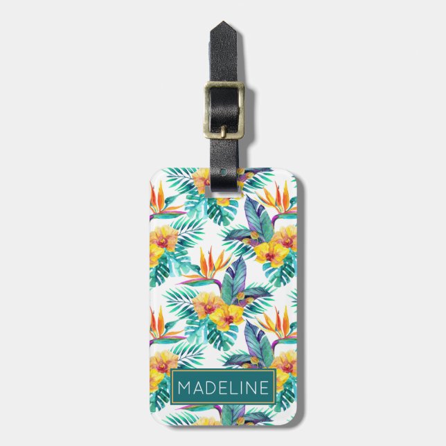 Name-Paradiesvogel u. Orchideen-Muster Gepäckanhänger (Vorderseite vertikal)