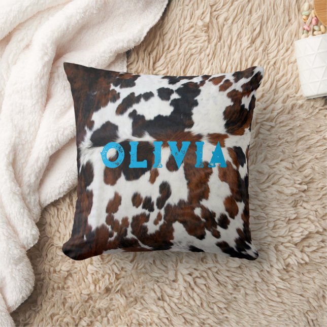 Name Patchwork Cowhide Print Western Rustic Blue Kissen (Decke)