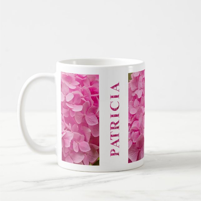 Name "Patricia" und Blume "Pink Spring Hydrangea" Kaffeetasse (Links)