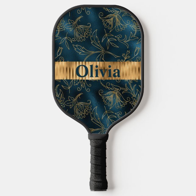 Name Personalisiert Blue Gold Floral Pickleball Schläger (Vorderseite)