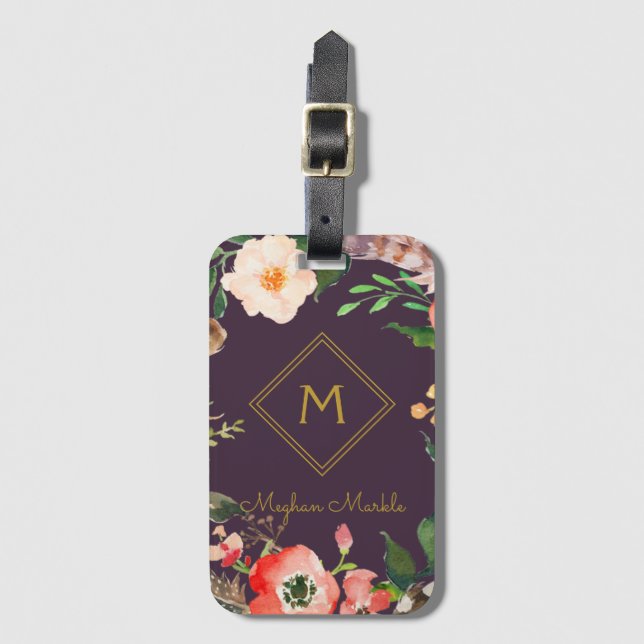 Name Personalisiert Modernes Elegantes Blumengold Gepäckanhänger (Vorderseite Vertikal)