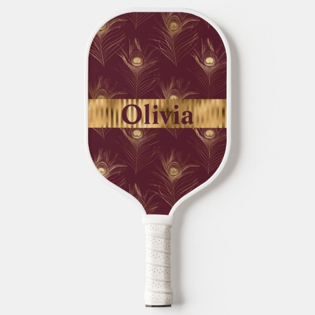Name Personalisiert Red Peacock Print Gold Pickleball Schläger (Vorderseite)