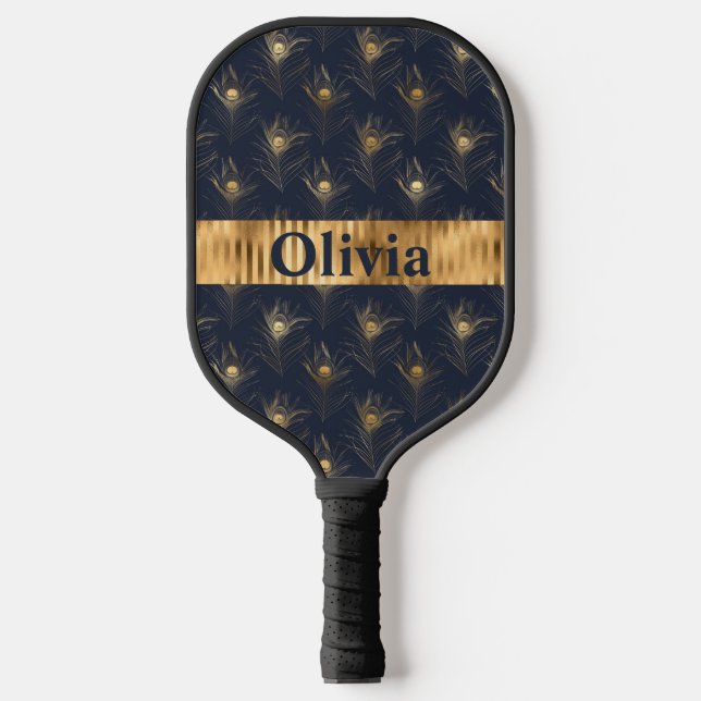 Name Personalisierte Pfauenfeathers Print Gold Pickleball Schläger (Vorderseite)