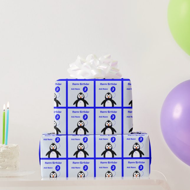 Name Pinguin 3. Geburtstag blau hinzufügen Geschenkpapier (Partygeschenke)