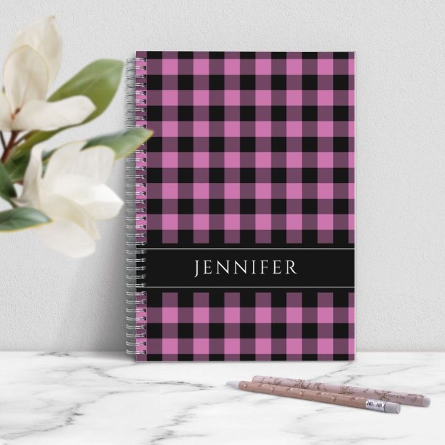 Name Pink & Black Karos Kariert Gingham Muster Notizbuch (Modern Pink Plaid Name Notebook)