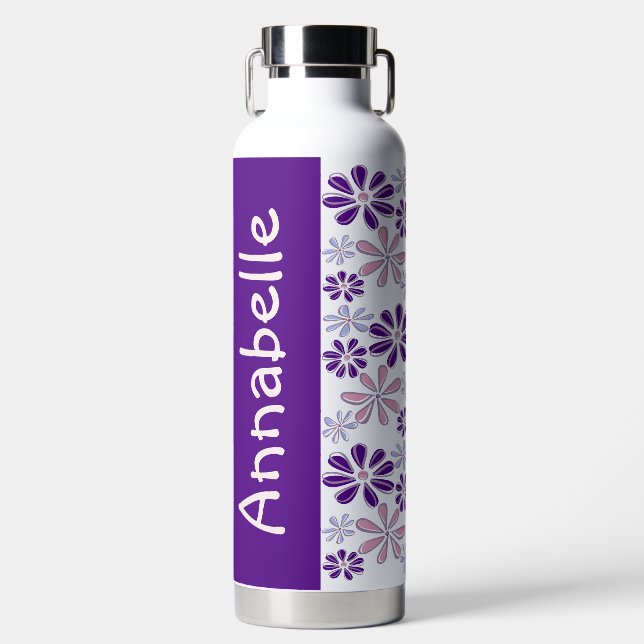 Name Pink Indigo Blue Blume Doodle Muster Trinkflasche (Vorderseite)