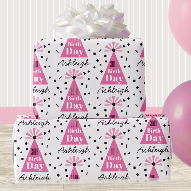 Name Pink Party Hat 30. Geburtstag Geschenkpapier (Von Creator hochgeladen)