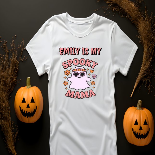 Name Pink Retro Ghost Spooky Mama Halloween T-Shirt (Von Creator hochgeladen)