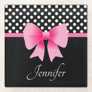 Name Pink Ribbon Black & White Polka Dots Glasuntersetzer