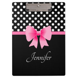 Name Pink Ribbon Black & White Polka Dots Klemmbrett