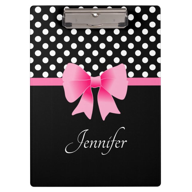 Name Pink Ribbon Black & White Polka Dots Klemmbrett (Vorderseite)