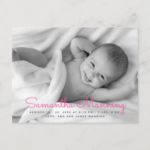 Name Pink Script Foto Geburtsankündigung Ankündigungspostkarte