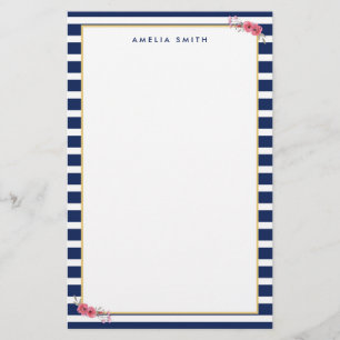 Name Preppy Chic Blue Stripes Rosa Blume Briefpapier