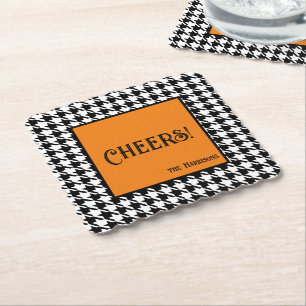 Name & Prost! Orange Schwarz Weiß Houndstooth Untersetzer