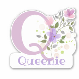 Name Queenie & Initial mit Blumendesign Aufkleber