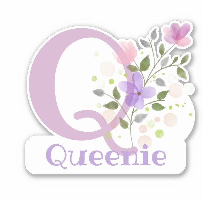 Name Queenie & Initial mit Blumendesign Aufkleber (Vorderseite)