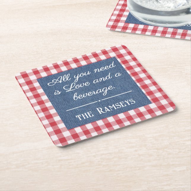 Name Quote. Red & White Check, Blue Denim Print Rechteckiger Pappuntersetzer (angewinkelt)