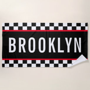 Name Racing Red White Black Checkerboard Muster Strandtuch