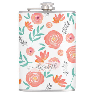 Name + rosa Korallenfarben, Blumenmuster hinzufüg Flachmann