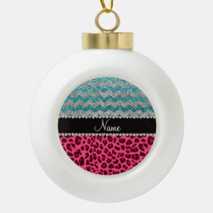 Name Rosa Leoparden türkisfarbene Glitzer Chevrons Keramik Kugel-Ornament