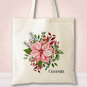 Name, rosa Weihnachtsstern-Beeren und grünes Laub Tragetasche