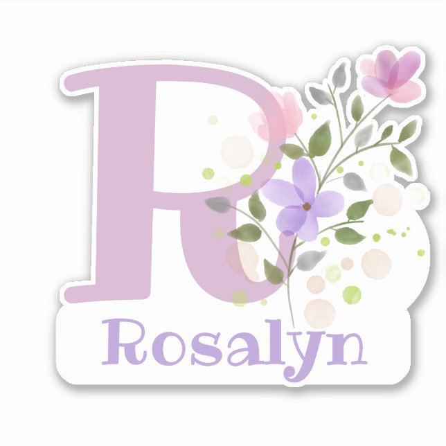 Name Rosalyn plus Initial mit Blumendesign Aufkleber (Vorderseite)