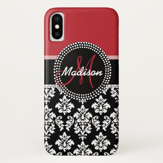 Name-rotes schwarzes Damast-Muster-Monogramm Case-Mate iPhone Hülle (Rückseite)