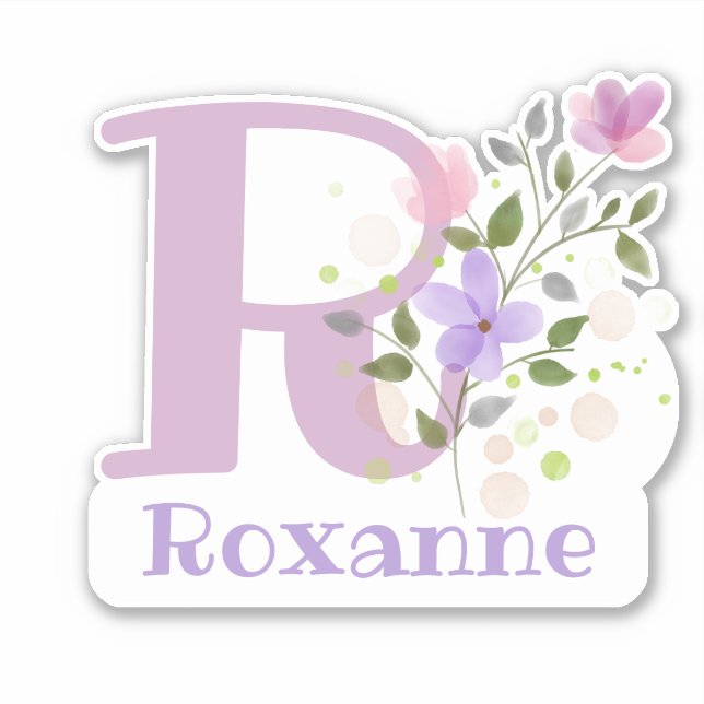 Name Roxanne & Initial mit floralem Design Aufkleber (Vorderseite)