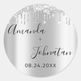 Name Save the Date Black Silver Tropfen Runder Aufkleber
