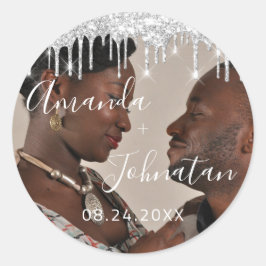 Name Save the Date Black Silver Tropfens Foto Runder Aufkleber