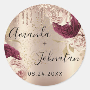 Name Save The Date Gold Drips Rosen Floralien Runder Aufkleber