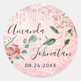 Name Save the Date Pink Roses Tropfens Minze Glitz Runder Aufkleber