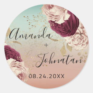 Name Save The Date  Rose Gold  Florals Blau Runder Aufkleber