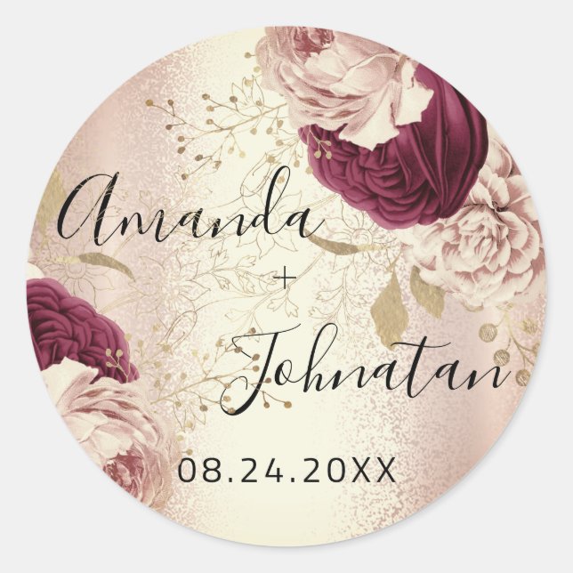 Name Save the Date Rose Gold Florals Runder Aufkleber (Vorderseite)
