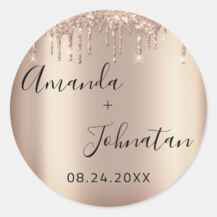 Name Save the Date Rose Gold Tropfen Funkelnd Runder Aufkleber